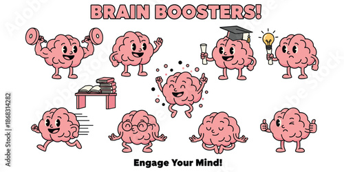 Cartoon Brain Characters Engaging in Various Activities illustration funny