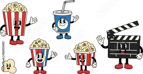 Cartoon popcorn cups soda cup clapperboard and popcorn kernel characters on white Keywords: popcorn, movie, cinema, retro
