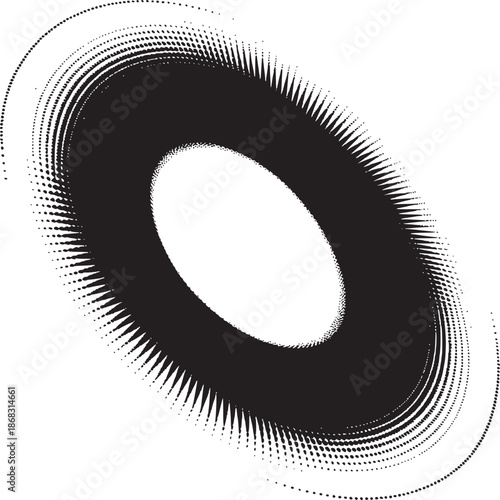Abstract black and white elliptical shape formed by dots creating a vortex effect on a white background