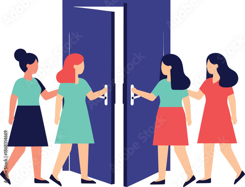 Women opening doors of opportunity and equality flat vector
