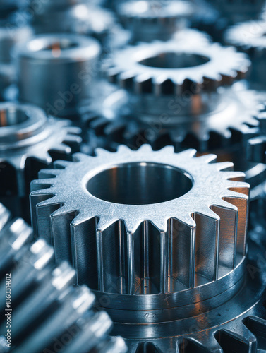 Collection of shiny precision-engineered metal gears arranged closely to showcase industrial machinery components and mechanical engineering details in blue light