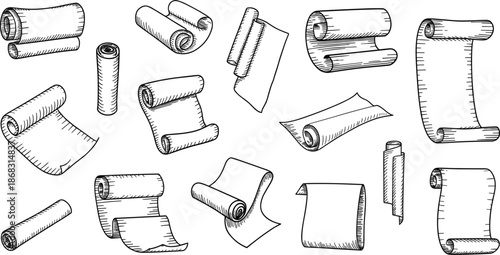 Vintage paper scroll vector set with hand drawn engraved line art for antique manuscript and treasure map design