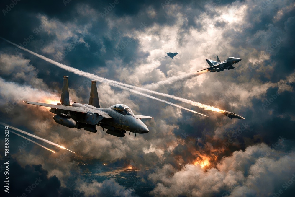 Fototapeta premium Three fighter jets are in the air, one of which is being shot down