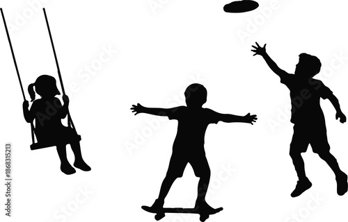 Silhouette of Children Playing with Swing, Skateboard, and Frisbee
