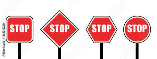 Set of Red Stop Signs in Various Shapes
