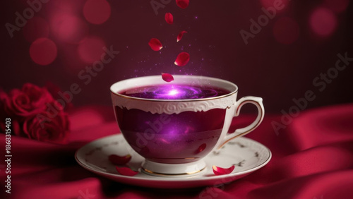 Wallpaper Mural "Enchanted Tea Cup with Glowing Purple Liquid and Falling Rose Petals (Valentine’s Day Magic on Red Velvet Background)" Torontodigital.ca