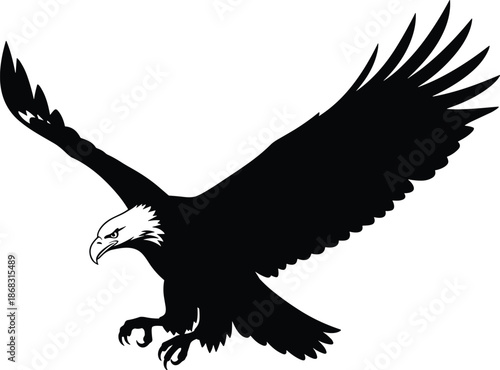 Bald eagle flying silhouette illustration, powerful predatory bird with spread wings, dramatic black wildlife vector design isolated on white background