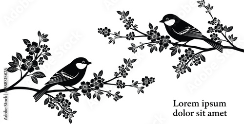 Bird silhouette illustration on flowering branches, elegant black avian pair, decorative floral nature vector design isolated on white background, minimalist botanical art
