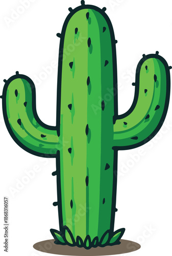 An illustrated tall cactus with vibrant green color and sharp spines against a neutral background, showcasing nature's unique design and resilient spirit.