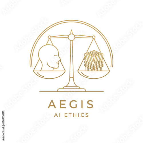 A minimalist line art logo depicting a balance scale weighing a human head against a stack of abstract geometric shapes, symbolizing AI ethics.