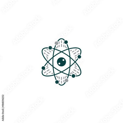 Stylized atom symbol with a central eye, representing science and observation.