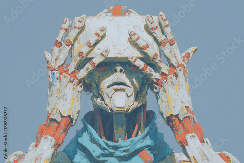 A robotic figure shields its eyes, exuding a sense of introspection and mystery