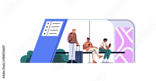 Passengers with phones, baggage are standing and sitting on bench, waiting for urban public transport. People are on modern bus stop, terminal station. Flat isolated vector illustration on white