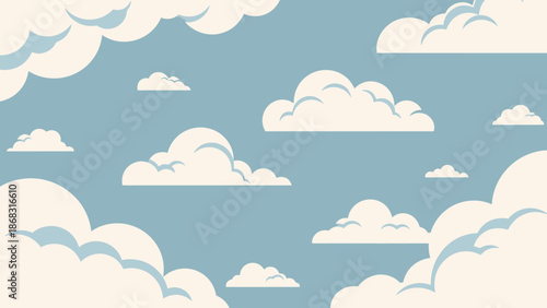 Bright Blue Sky Background with Stylized White Fluffy Clouds, Clear Weather Pattern.