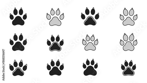 Set of Black and Gray Animal Paw Print Icons, Pet Tracks on Isolated White Background.