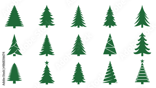 Set of Green Pine Tree Icons and Silhouettes for Christmas and Forest Themes on Isolated White Background.