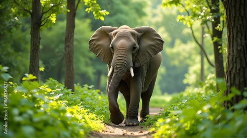 Wild elephant emerging from dense forest vegetation, showcasing natural beauty and wildlife freedom.