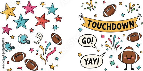 Colorful cartoon illustration of footballs stars and a touchdown banner