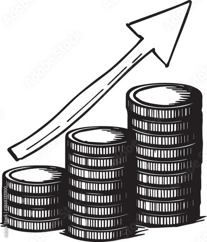Depicting the ascent of financial growth, three meticulously stacked coin piles, meticulously arranged in ascending heights, form a visual metaphor for progress.