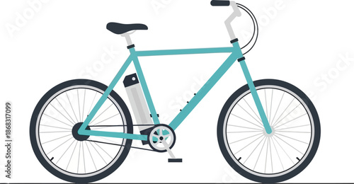 A simple teal electric bicycle illustration with a battery pack and black tires