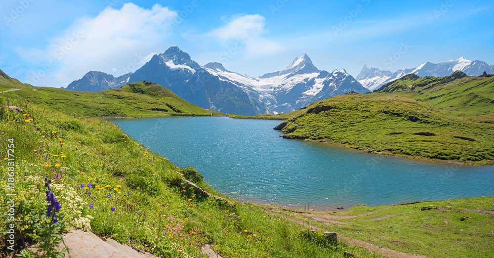 Fototapeta premium pictorial lake Bachalpsee and swiss glacier mountains, alpine landscape Grindelwald first, bernese oberland