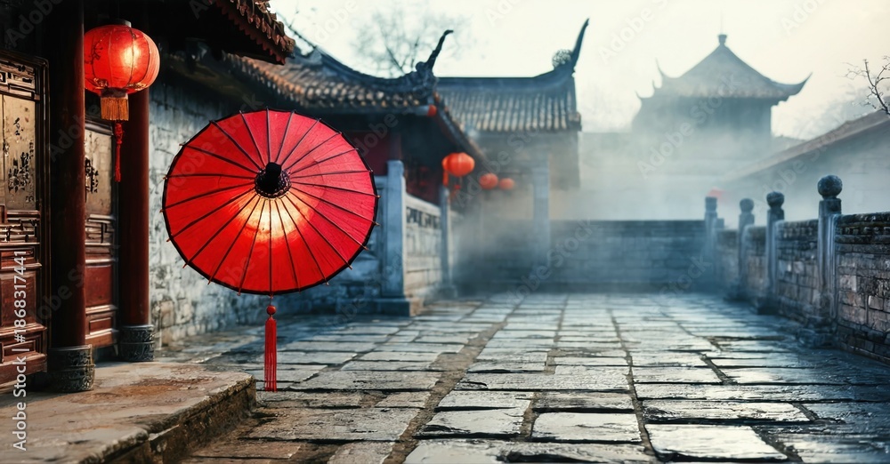 Fototapeta premium Ancient courtyard features red umbrella, lanterns, stone pathway. Buildings shrouded in mist create serene atmosphere. Traditional architecture visible.