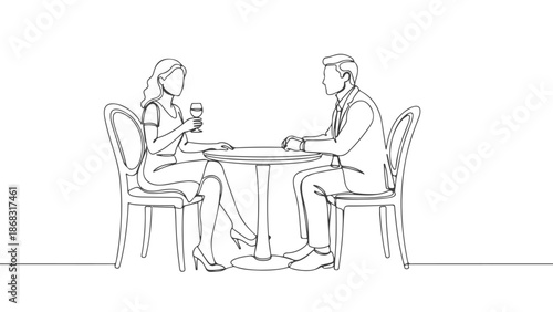 A continuous one line art vector illustration of a couple on a date at a cafe table holding drinks