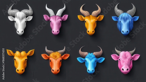 Zodiac animal illustration colorful cow head cartoon ox portrait lunar new year art chinese zodiac symbol cute livestock character bright horn