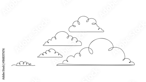 Continuous one line art vector illustration of fluffy clouds in a simple outline style on a white background, elegant and minimalist