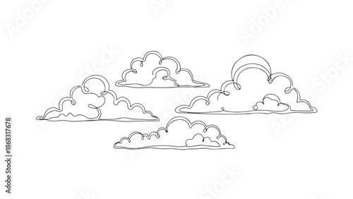 One line art continuous vector illustration of four fluffy clouds drawn with simple elegant outlines on a white background, minimalist design