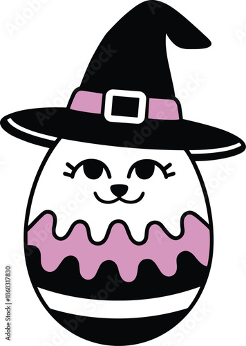 Easter egg hunt witch hat dark magic theme fun spooky pagan magical spring aesthetic cute outline drawing. Funny creepy black and purple printable flat design sticker transparent background clipart.