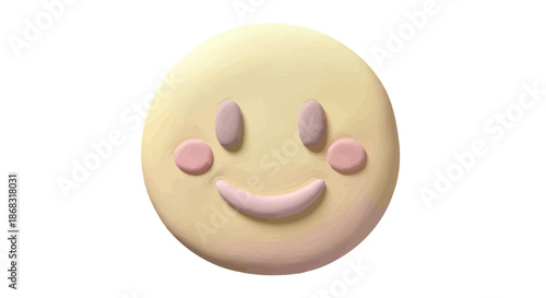 Adorable three dimensional clay-style blushing happy face emoji design rendered with soft pastel yellow and pink textures isolated on white background