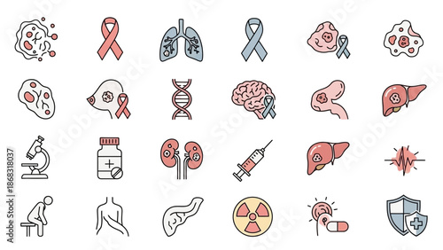Collection of medical icons depicting various aspects of cancer disease awareness diagnosis and treatment procedures