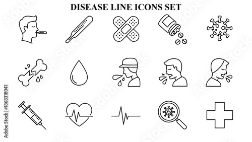 Collection of fifteen essential black outline disease and medical care line icons illustrating symptoms treatment and health monitoring concepts