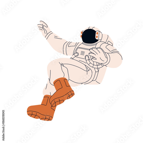 Astronaut in spacesuit is flying in outer space. Cosmonaut in costume, helmet is soaring in cosmos. Spaceman is in spacewalk in galactic travel. Flat isolated vector illustration on white background
