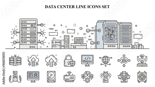 Collection of detailed line icons representing various essential data center infrastructure components and technology concepts for digital services