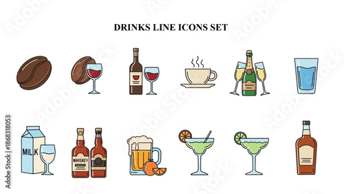 Collection of simple line art icons representing various popular beverages including coffee tea milk and alcoholic drinks