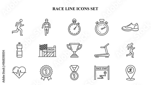 Collection of simple black line art icons depicting various elements related to running racing competition and fitness activities