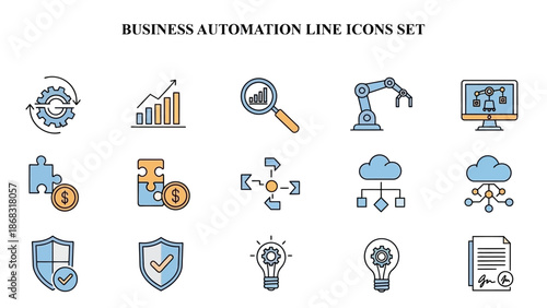 Collection of essential business automation line icons representing finance security process technology and innovative workflow concepts clearly illustrated