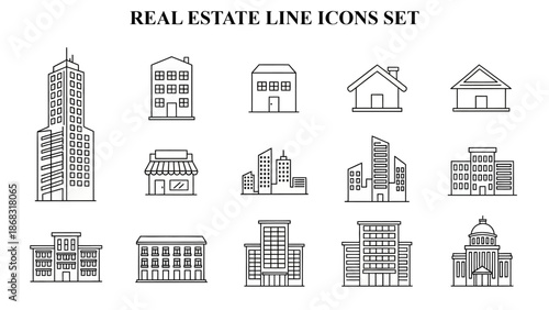 Collection of minimalist black and white real estate line icons representing various building types for property development concepts