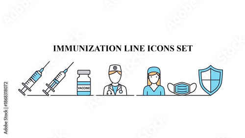 Essential line icons illustrating immunization concepts including syringes a vaccine vial medical professionals a protective mask and a shield graphic