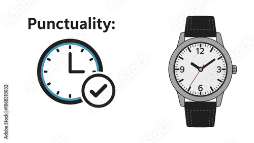 Graphic concept illustrating the vital business principle of punctuality using simple icons of a clock and a wristwatch