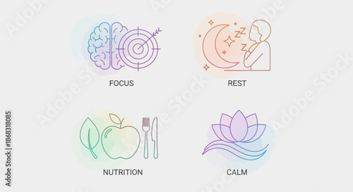 Four essential pillars of holistic wellness illustrated through colorful line icons representing focus rest nutrition and calm