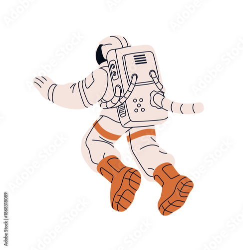 Spaceman in spacesuit with equipment flies in outer space. Astronaut in helmet is in spacewalk. Cosmonaut in costume is soaring in cosmos. Flat isolated vector illustration on white background