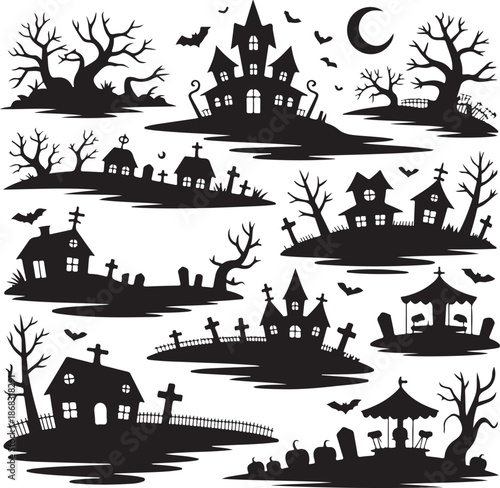 black silhouette halloween village landscape with trees and cemetery