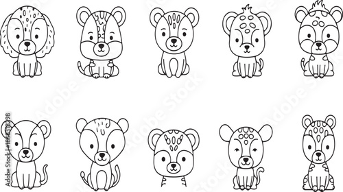 A black and white illustration of cute cartoon animals with different patterns on their fur