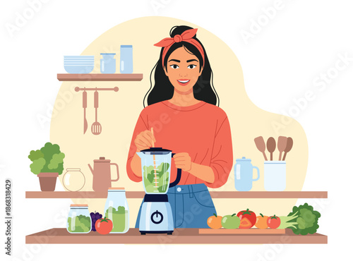 smiling woman with a headband makes a healthy green smoothie in a blender on a kitchen counter, surrounded by fresh fruits and vegetables.