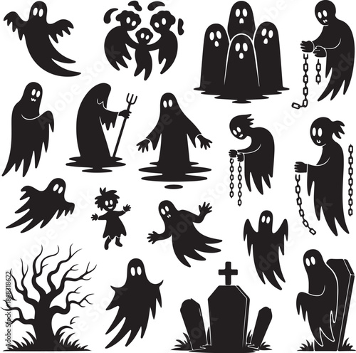 black silhouettes of ghosts and tombstones on white background