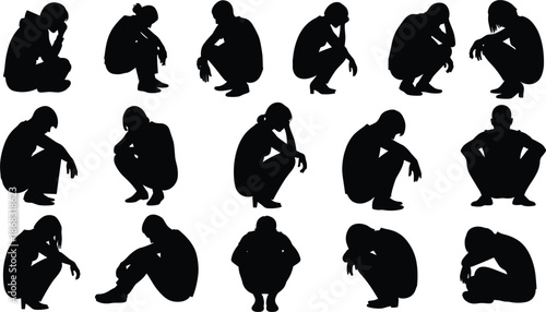 Collection of Silhouettes of People in Various Crouching and Sitting Poses untitled
