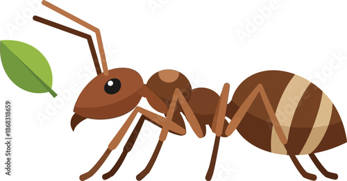 A cartoon illustration of a brown ant carrying a small green leaf